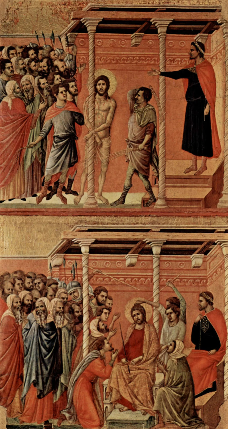 Flogging (øverst); Kristus med krone av torner (nederst) - Duccio di Buoninsegna