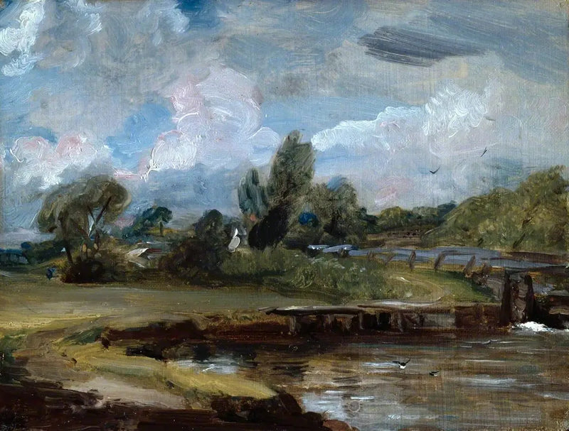 Flatford Lock, en vei langs en elv - John Constable
