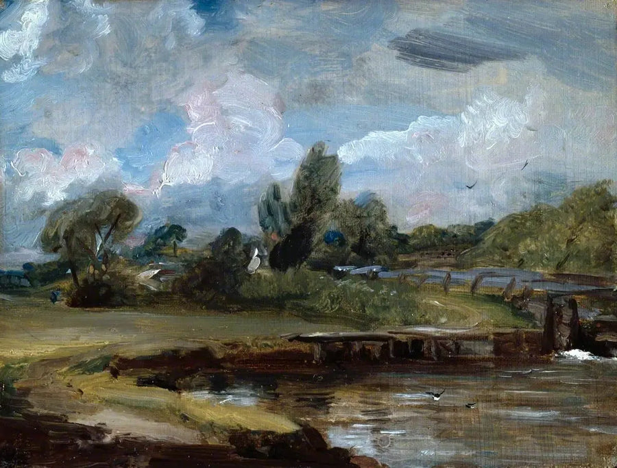 Flatford Lock, en vei langs en elv - John Constable