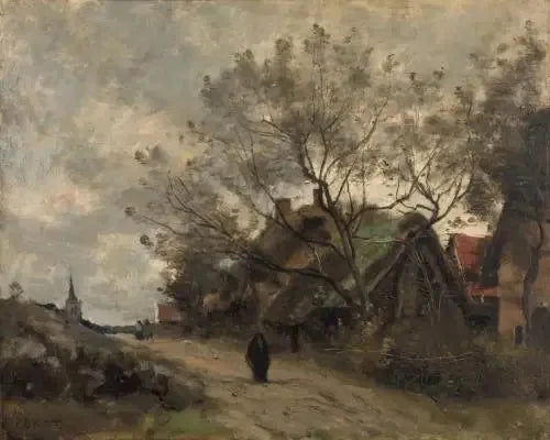 Flesselles. Hytter sett gjennom trær ved siden av en vei - Jean-Baptiste Camille Corot