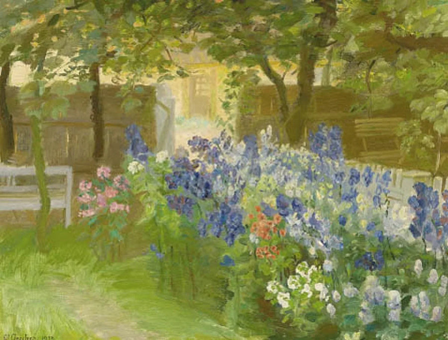 Fleurs dans le jardin de Brøndum, vue vers "Rullestuen". - Anna Ancher