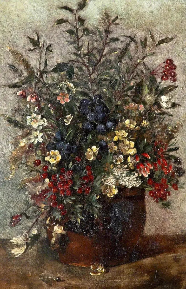 Blomsterenger og bær i en brun krukke - John Constable