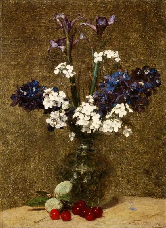 Blomster: Iris og Juleroser, med kirsebær og mandler på bordet - Henri Fantin-Latour

Source:
Fleurs : Iris et Jacinthes, avec des cerises et des amandes sur la table - Henri Fantin-Latour