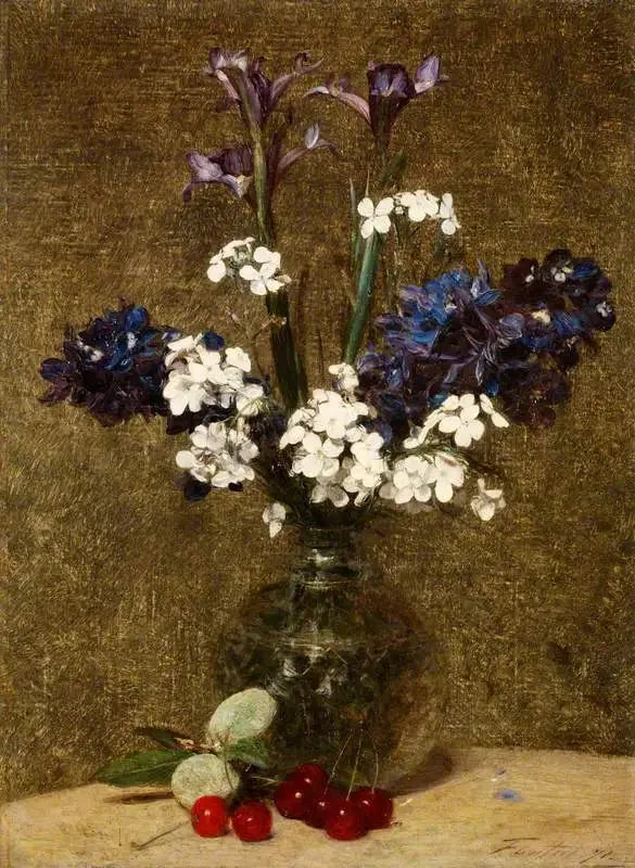 Blomster: Iris og Juleroser, med kirsebær og mandler på bordet - Henri Fantin-Latour

Source:
Fleurs : Iris et Jacinthes, avec des cerises et des amandes sur la table - Henri Fantin-Latour