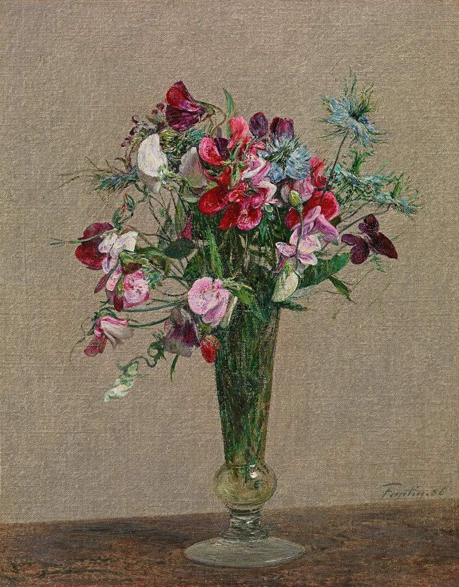 Blomster, duftende prikker og nellikker i en liten vase - Henri Fantin-Latour

Source:
Fleurs, pois de senteurs et nigelles dans un petit vase - Henri Fantin-Latour