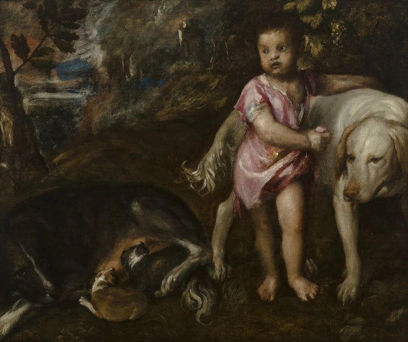 Gutt med hunder i et landskap - Titian