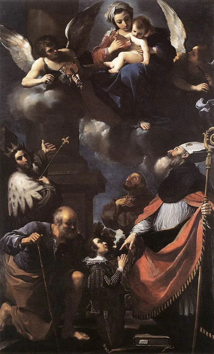 Giuseppe Gaetano Righetti[?] presentert for Jomfruen av fire hellige - Guercino