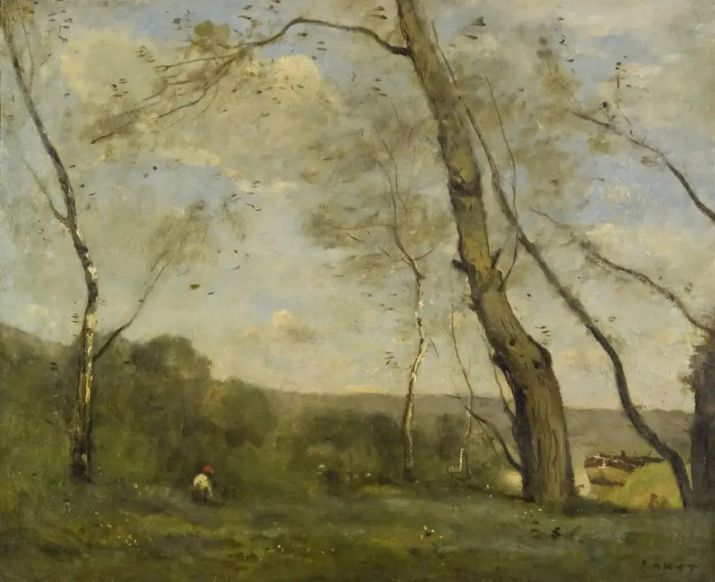 Store dominerende trær langs bredden av en elv - Jean-Baptiste Camille Corot