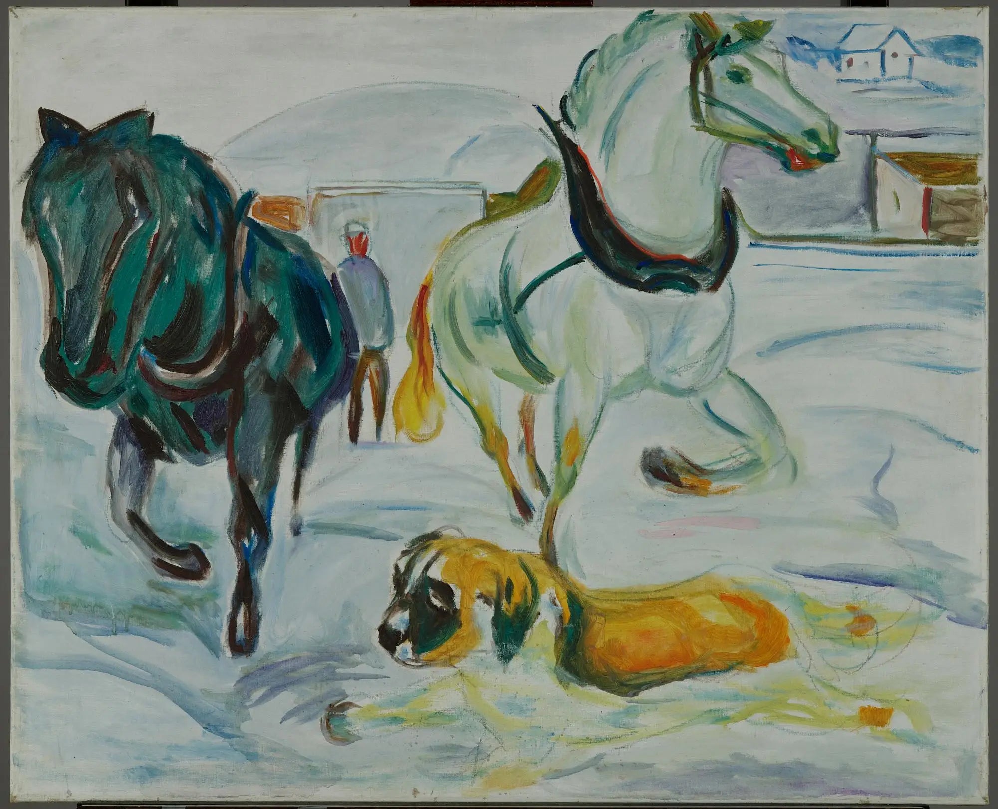 Reproduction du tableau « Groupe de chevaux et Saint-Bernard dans la neige - Edvard Munch » par Alpha Reproduction en peinture à l’huile