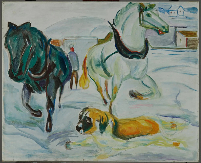 Hestegjeng og Saint Bernard i snøen - Edvard Munch