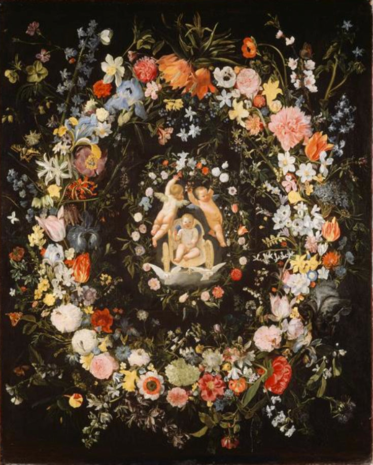 Blomsterlenke som omgir en medaljong som forestiller kjærlighetens triumf - Domenichino