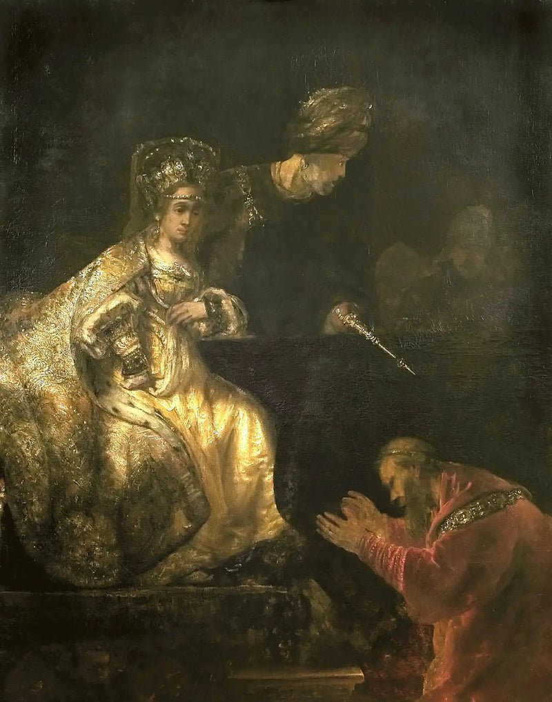 Haman ber Esther om å gi ham livet tilbake - Rembrandt