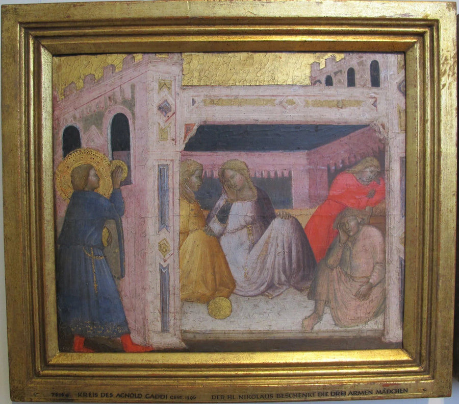 Historier om Sankt Nikolaus. Sankt Nikolaus gir gaver til tre jenter fra bassenget. - Agnolo Gaddi