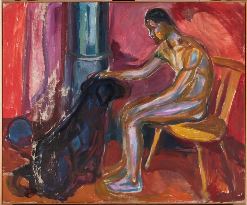 Naken mann som sitter med en hund - Edvard Munch