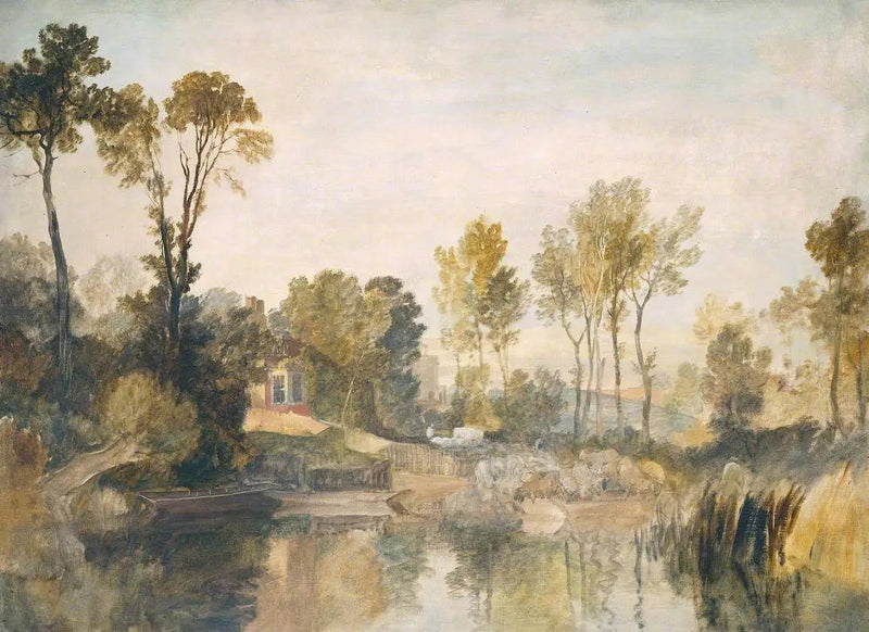 Hus ved elven, med trær og sauer - J. M. W. Turner