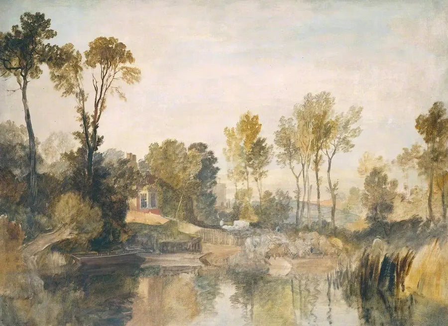 Hus ved elven, med trær og sauer - J. M. W. Turner