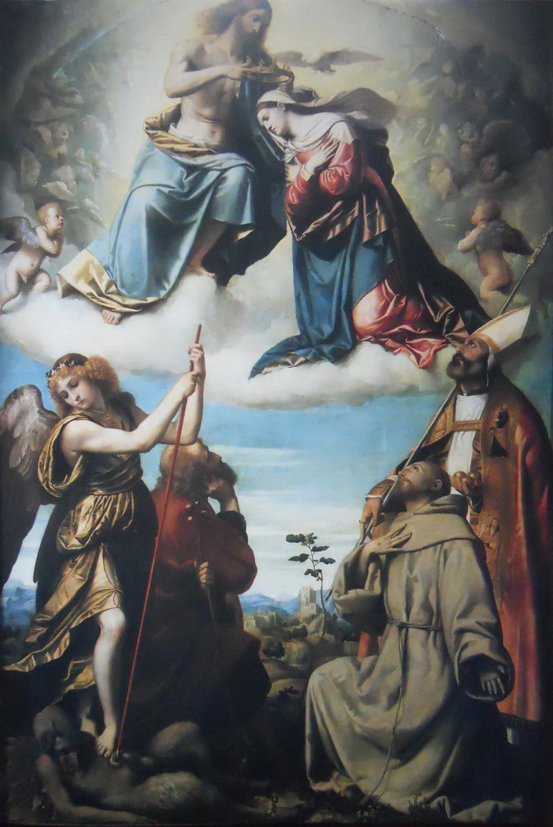 Inkoronasjon av Jomfruen med helgener Michele Arcangelo, Giuseppe, Francesco d'Assisi og Nicola di Bari - Alessandro Bonvicino