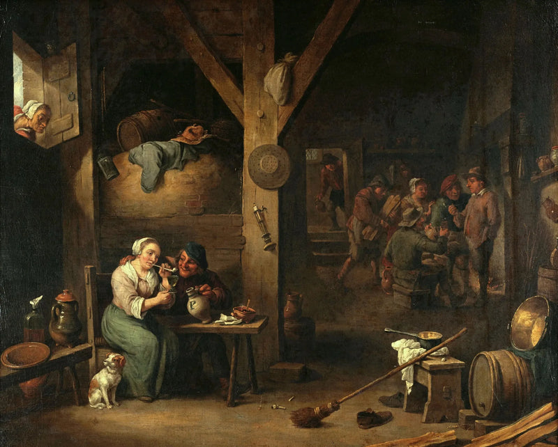 Intérieur d'une taverne avec une femme fumant et un homme lui offrant un verre sous le regard d'une vieille femme - David Teniers le Jeune