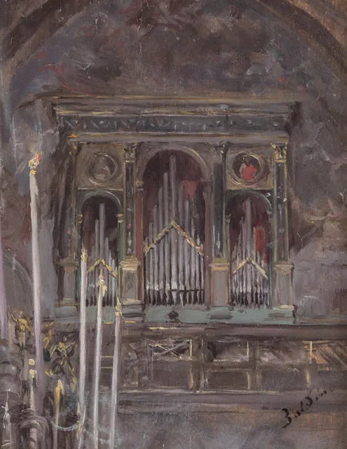 Interiør av kirken med utsikt over orgelet - Giovanni Boldini