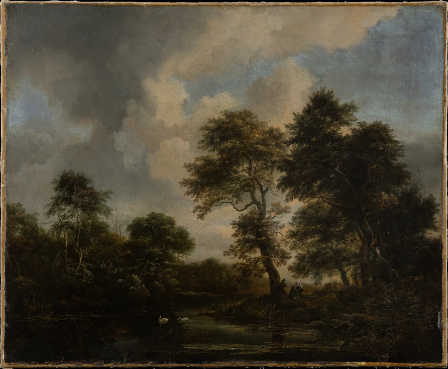 Lac forestier aux deux cygnes, peinture de Jacob van Ruisdael