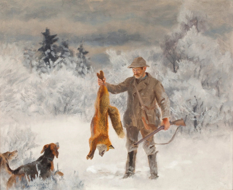 Jägare med jakthundar och räv - Bruno Liljefors