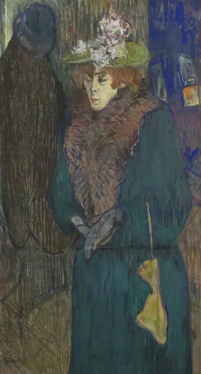Jane Avril i inngangen til Moulin Rouge, iført hanskene sine - Henri de Toulouse-Lautrec