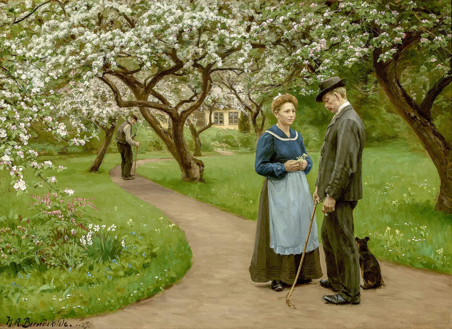 Ungt par under frukttrær i blomstringen, om våren. - H. A. Brendekilde

Source:
Jeune couple sous des arbres fruitiers en fleurs, au printemps. - H. A. Brendekilde
