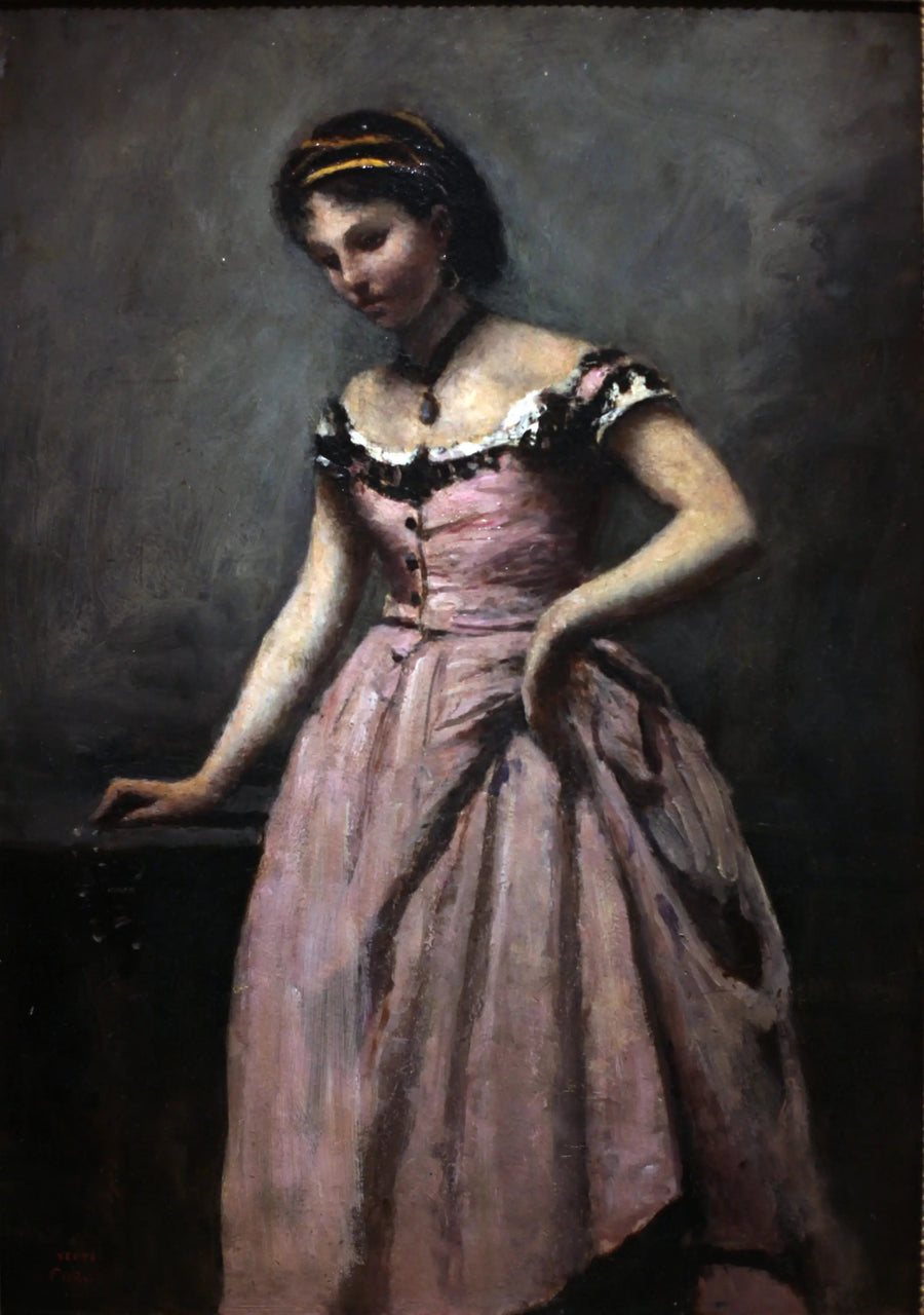 Ung kvinne i rosa kjole - Jean-Baptiste Camille Corot