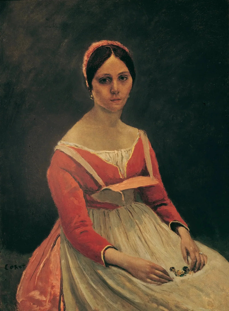 Ung kvinne sittende, med blomster i hendene - Jean-Baptiste Camille Corot