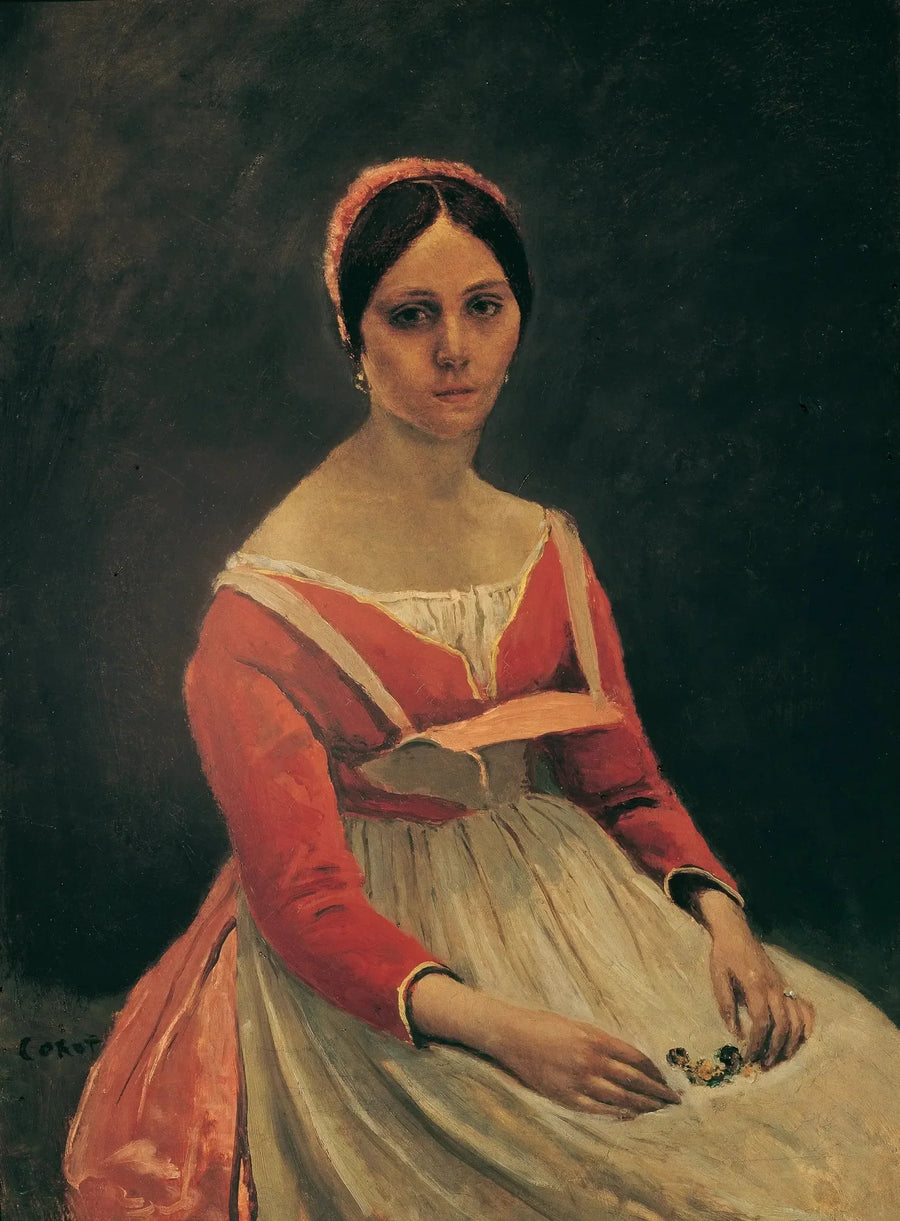Ung kvinne sittende, med blomster i hendene - Jean-Baptiste Camille Corot