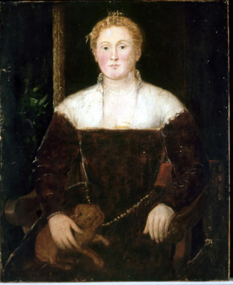 Ung kvinne med en liten hund, kanskje et medlem av familien Soranzo - Jacopo Tintoretto