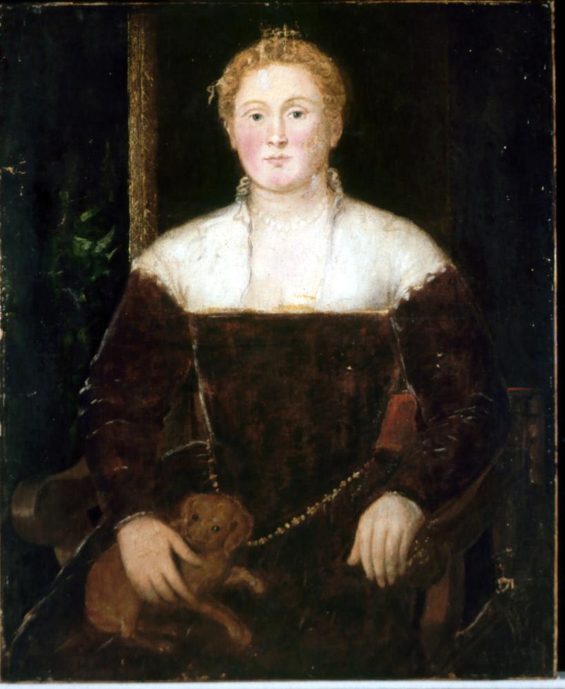 Ung kvinne med en liten hund, kanskje et medlem av familien Soranzo - Jacopo Tintoretto