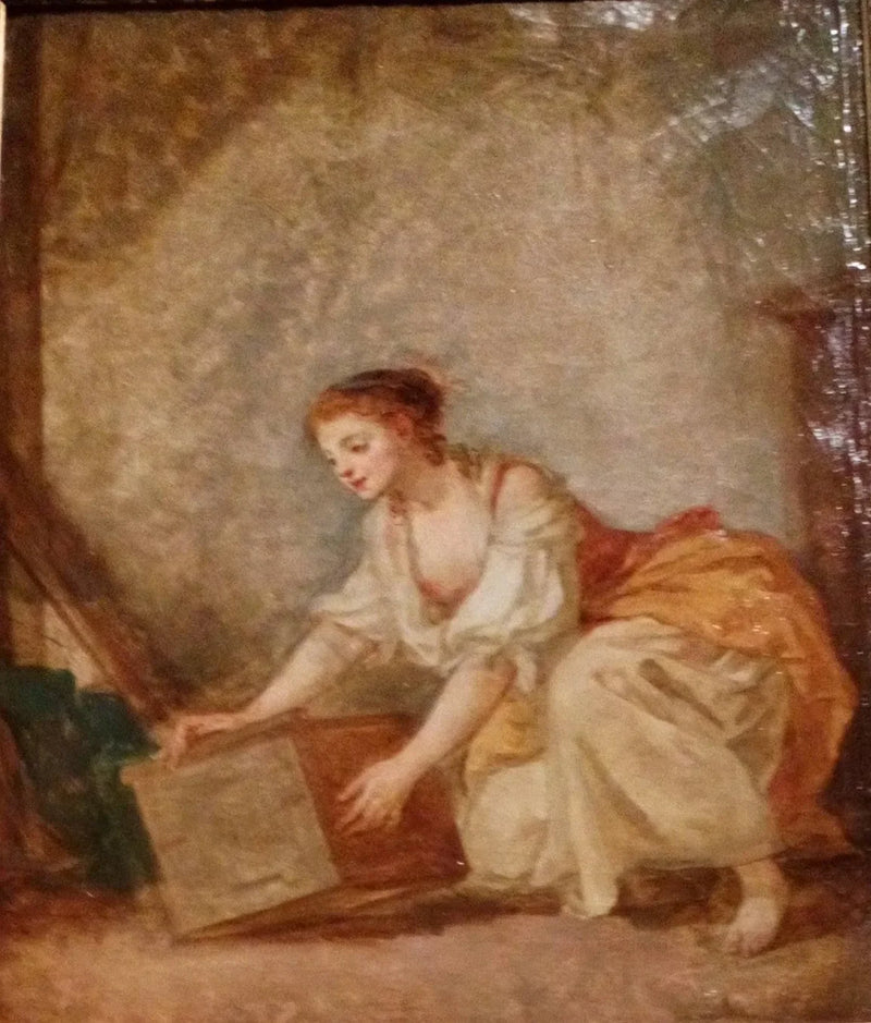Ung kvinne som løfter en kasse - Jean-Baptiste Greuze
