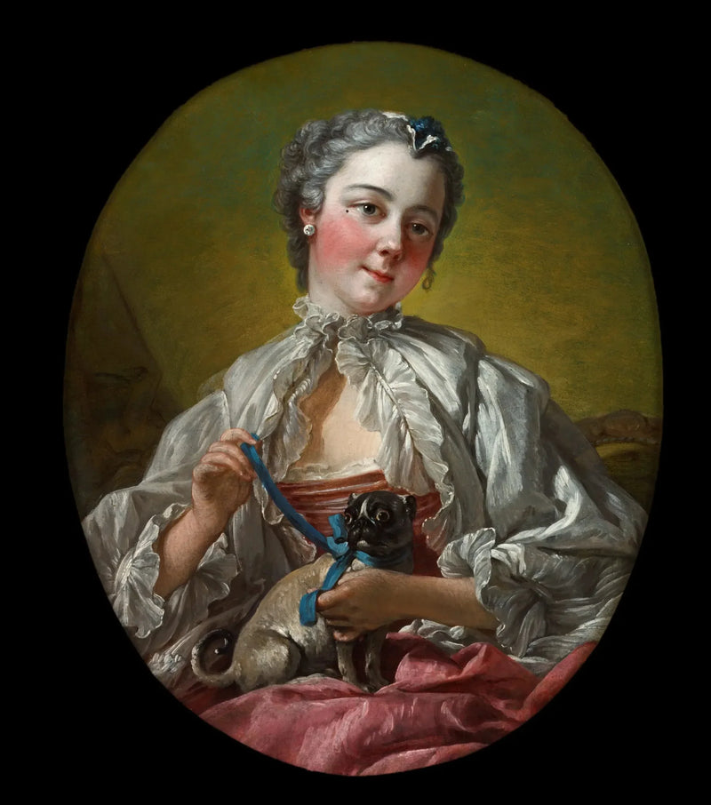 Ung kvinne som holder en mops - François Boucher