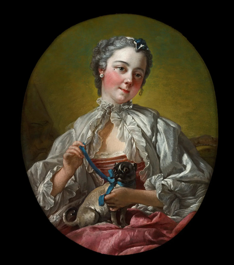 Ung kvinne som holder en mops - François Boucher