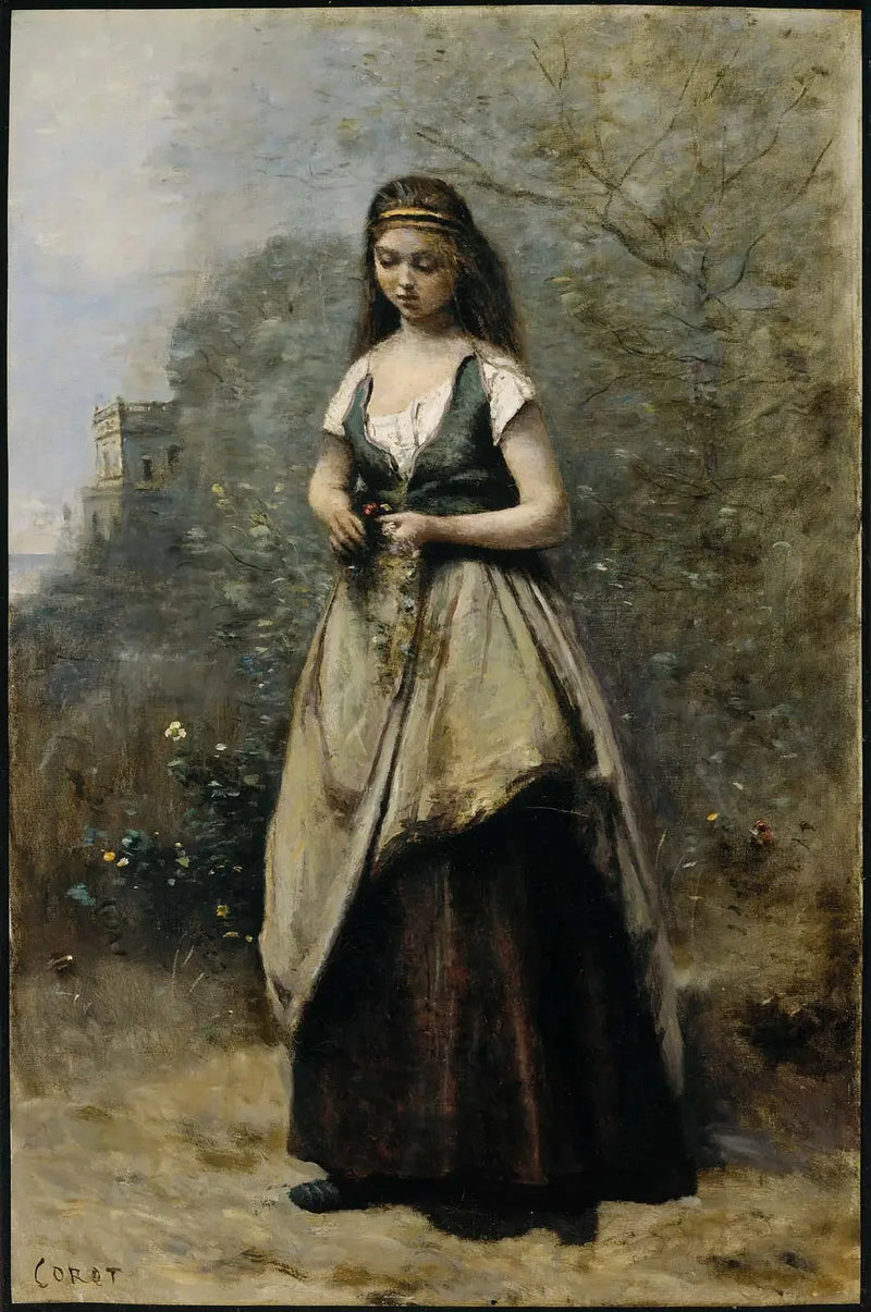 Ung kvinne vever en blomsterkrans - Jean-Baptiste Camille Corot