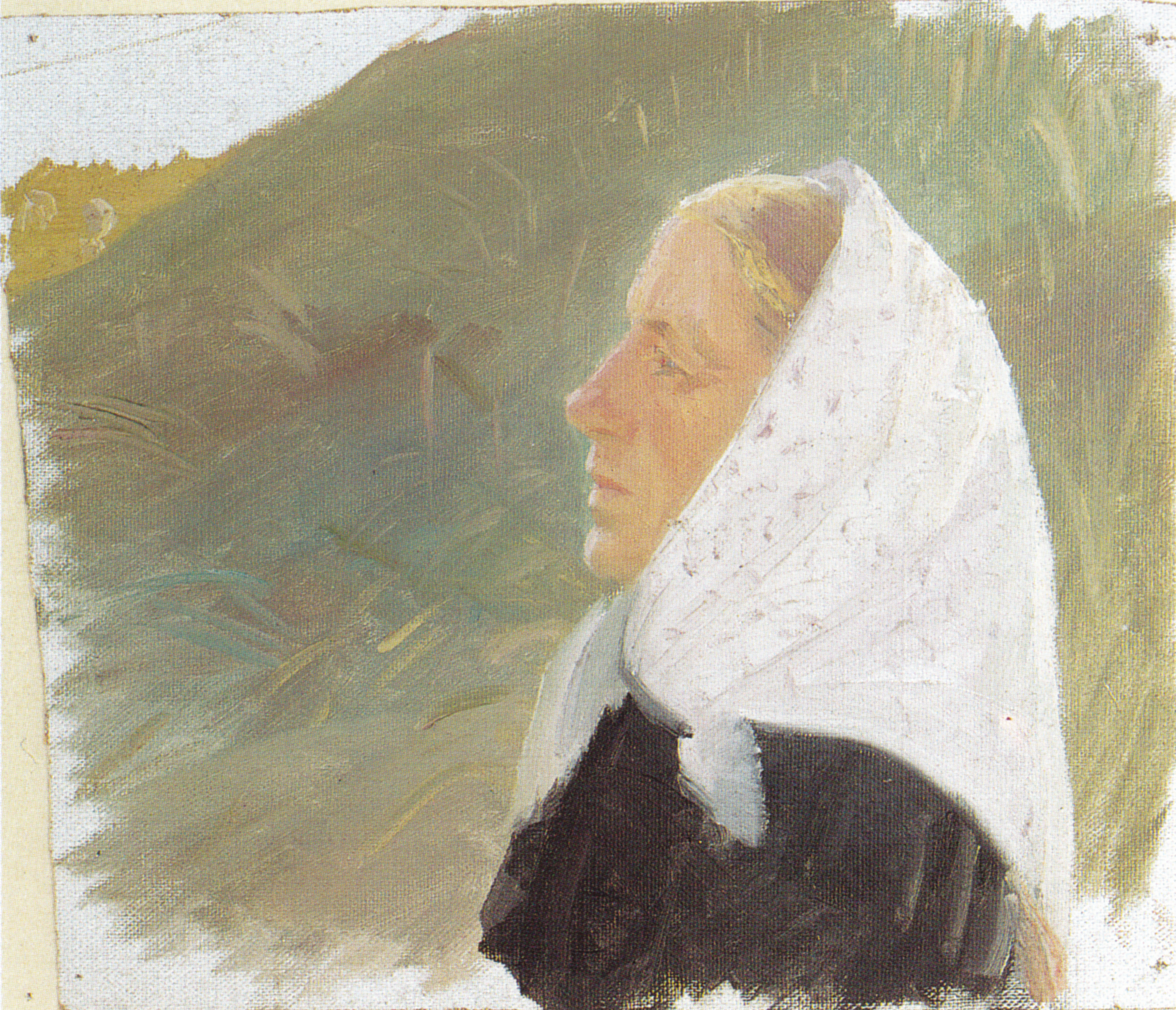 Jeune femme vêtue de noir et coiffée d'un foulard blanc, assise dans les dunes - Anna Ancher image 1 reproduction d’œuvre d’art à l’huile