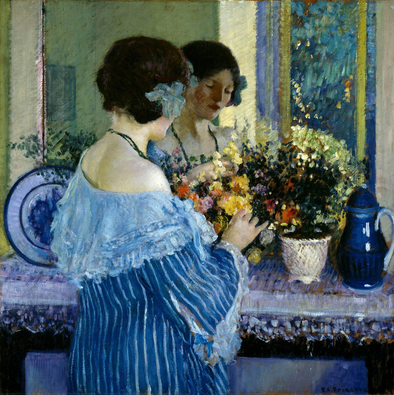 Ung jente i blå som ordner blomster - Frederick Carl Frieseke