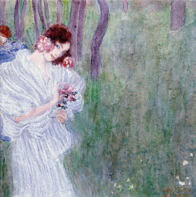 Ung jente i hvit kjole i en skog - Gustav Klimt