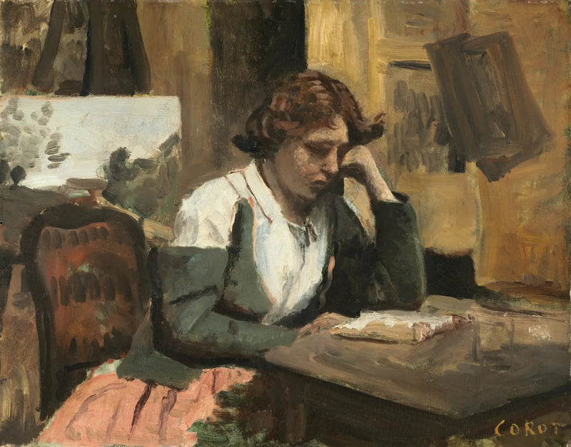 Ung jente som leser - Jean-Baptiste Camille Corot