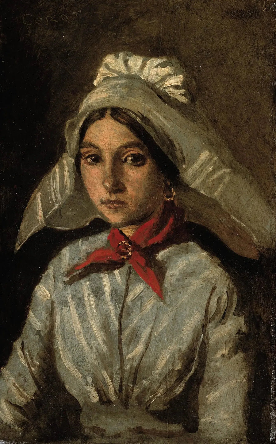 Ung jente med en stor headdress på hodet - Jean-Baptiste Camille Corot