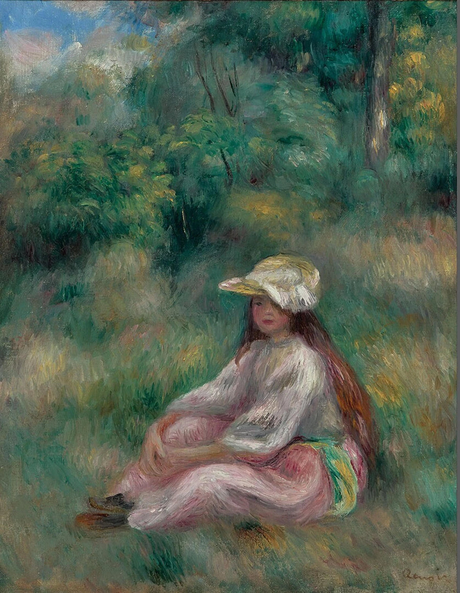 Ung jente i rosa i et landskap - Pierre-Auguste Renoir