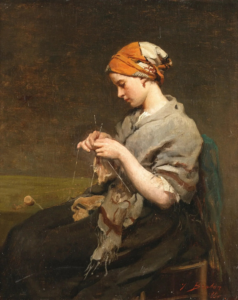 Ung jente som strikker (versjon 2) - Jules Breton
