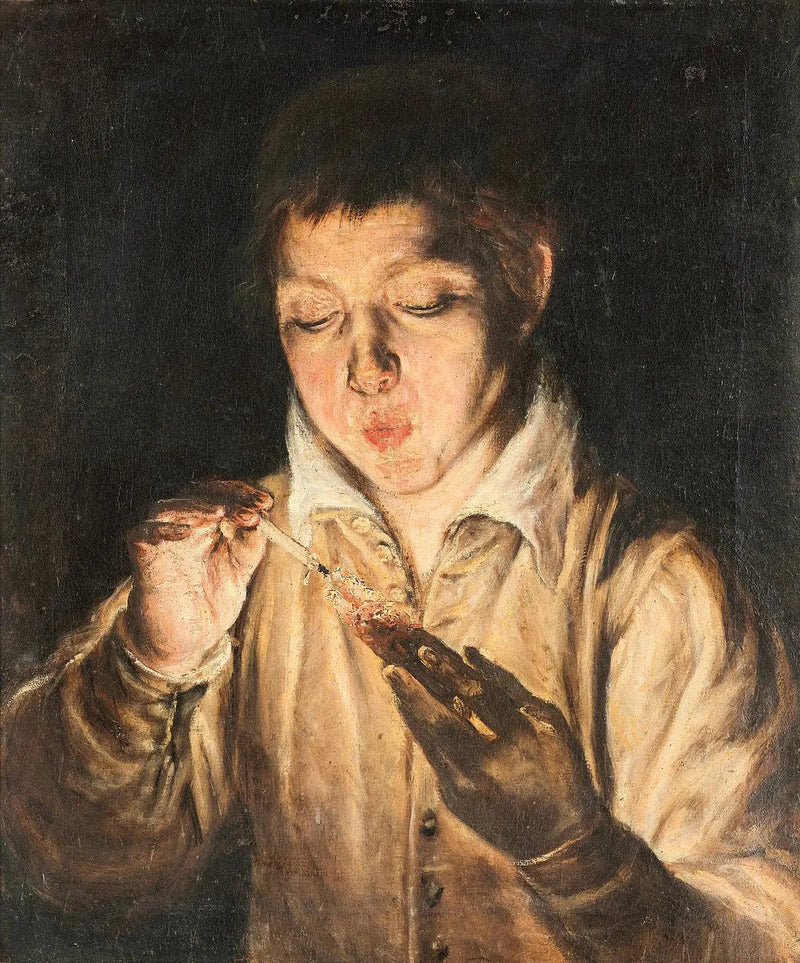 Ung gutt som blåser på en glødende kull - El Greco