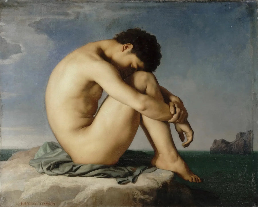 Ung mann naken sittende ved sjøen - Hippolyte Flandrin
