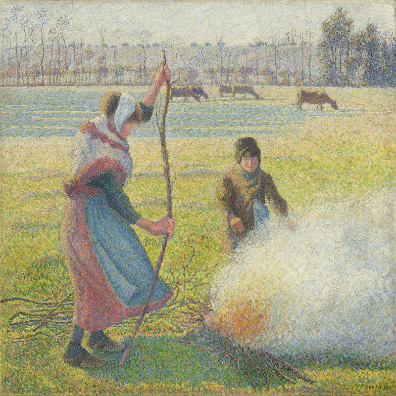 Ung Landsbyjente som lager ild. Hvit frost - Camille Pissarro