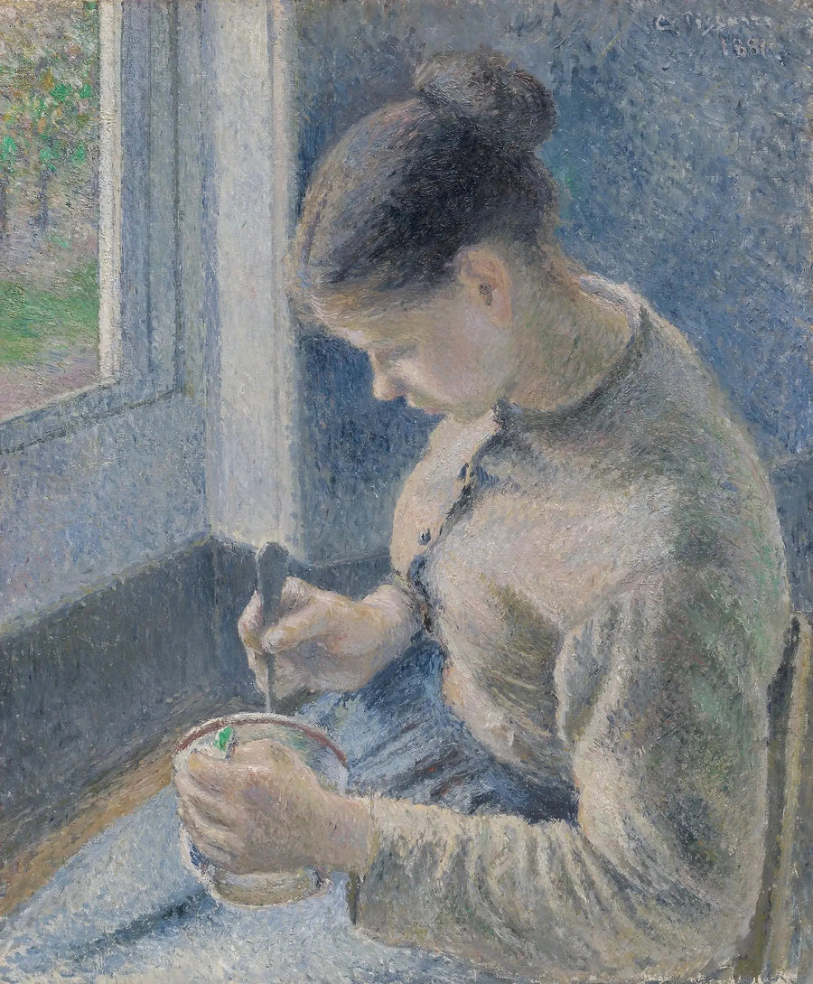 Ung bondekvinne som drikker kaffe - Camille Pissarro