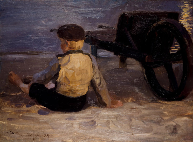 Ung fisker som sitter ved siden av en trillebår. Sørstranden i Skagen. - Peder Severin Krøyer