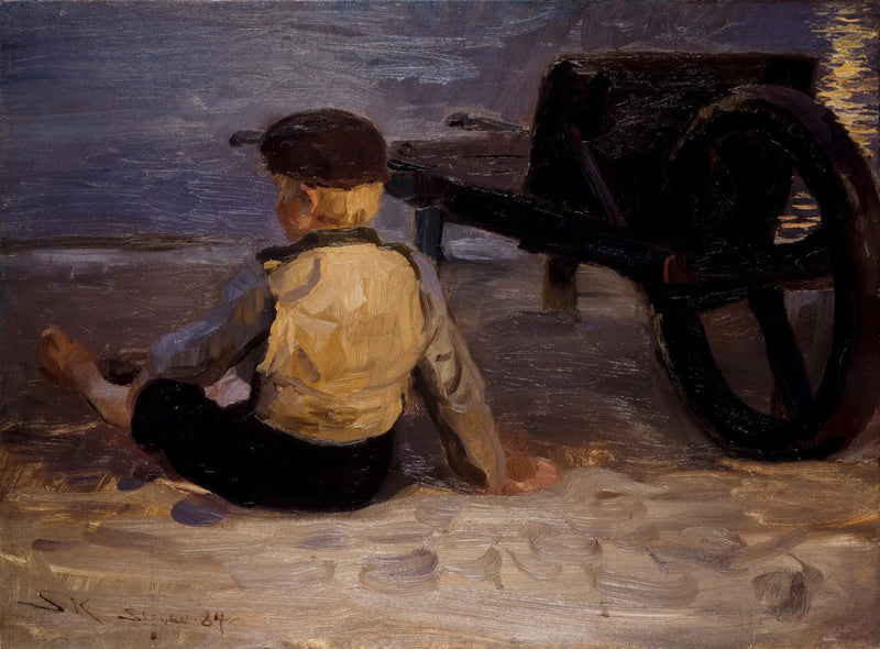 Ung fisker som sitter ved siden av en trillebår. Sørstranden i Skagen. - Peder Severin Krøyer