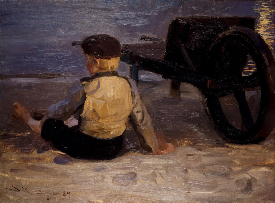Ung fisker som sitter ved siden av en trillebår. Sørstranden i Skagen. - Peder Severin Krøyer